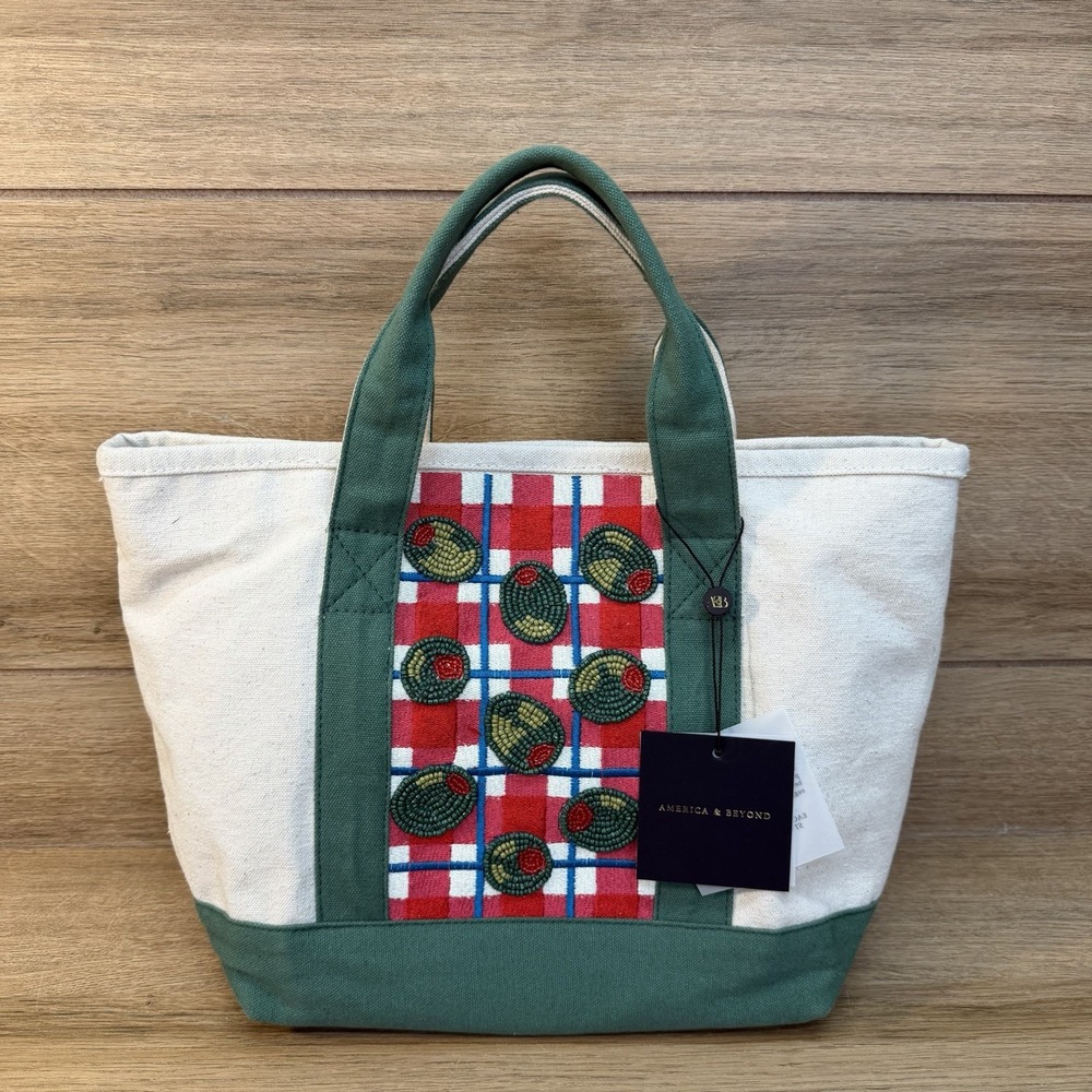 America & Beyond Beaded Olive Canvas Boat Tote Italian Picnic Market Bag NEW